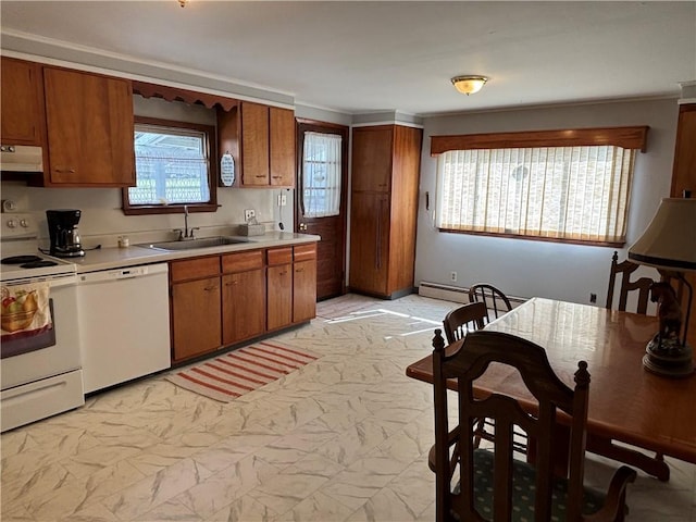 21 Main St, Maryland, NY 12155 - kitchen featuring white appliances, exhaust hood, brown cabinetry, and light countertops