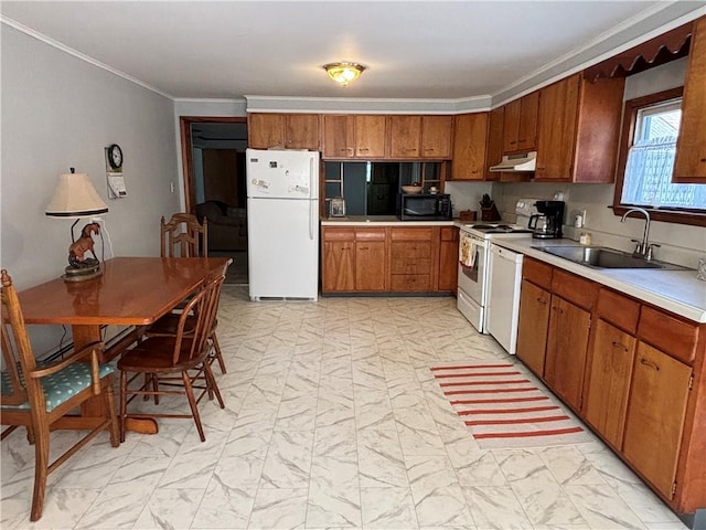 21 Main St, Maryland, NY 12155 - kitchen featuring white appliances, under cabinet range hood, light marble finish flooring, crown molding, and light countertops