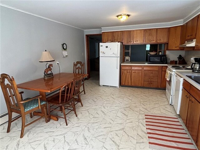 21 Main St, Maryland, NY 12155 - kitchen with white appliances, under cabinet range hood, brown cabinets, and crown molding