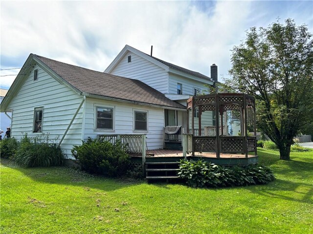 21 Main St, Maryland, NY 12155 - rear view of property with a deck, a lawn, roof with shingles, a chimney, and a gazebo