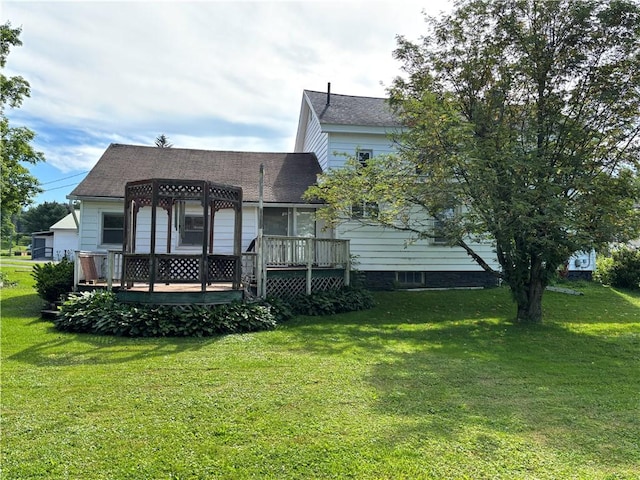 21 Main St, Maryland, NY 12155 - back of house with a pergola, a wooden deck, a lawn, and a shingled roof