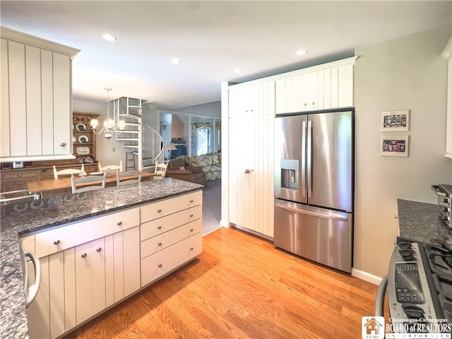 20 Elm Ln Unit E5, Chautauqua, NY 14722 - kitchen featuring appliances with stainless steel finishes, light wood finished floors, dark stone countertops, white cabinets, and recessed lighting