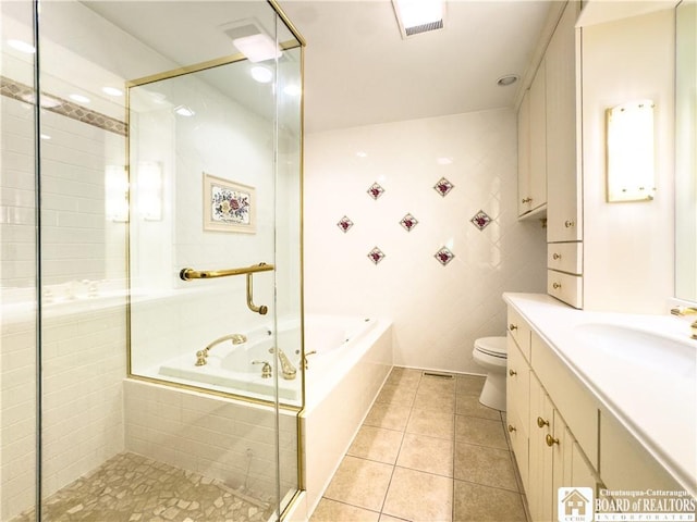 20 Elm Ln Unit E5, Chautauqua, NY 14722 - bathroom with tile patterned flooring, a bath, vanity, a shower stall, and tile walls