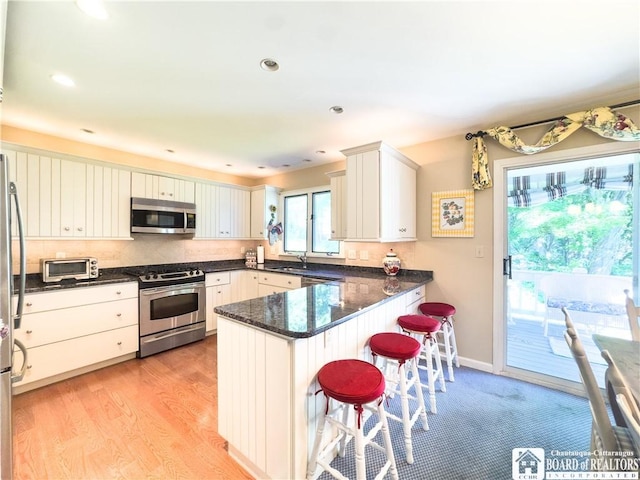 20 Elm Ln Unit E5, Chautauqua, NY 14722 - kitchen with stainless steel appliances, a peninsula, a kitchen breakfast bar, tasteful backsplash, and light wood-style floors