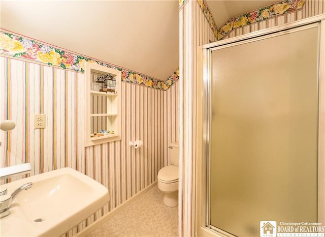 20 Elm Ln Unit E5, Chautauqua, NY 14722 - bathroom featuring wallpapered walls and a stall shower