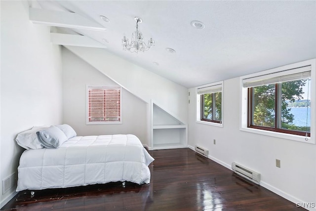 2761 E Lake Rd, Skaneateles, NY 13152 - bedroom featuring a baseboard radiator, vaulted ceiling, wood finished floors, a chandelier, and recessed lighting