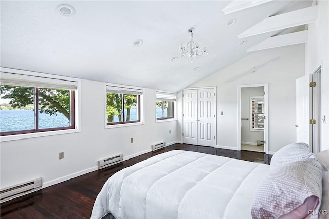 2761 E Lake Rd, Skaneateles, NY 13152 - bedroom featuring baseboard heating, a chandelier, vaulted ceiling, wood finished floors, and recessed lighting