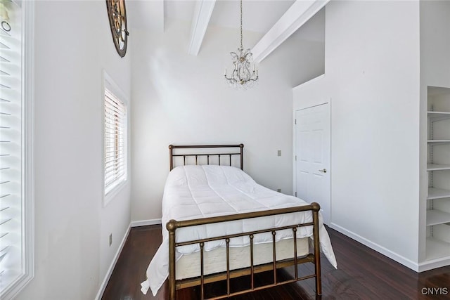 2761 E Lake Rd, Skaneateles, NY 13152 - bedroom with wood finished floors, a chandelier, and beamed ceiling