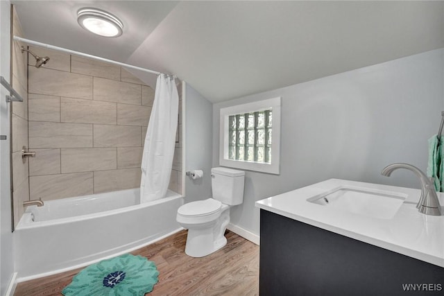 12 Clark St, Perry, NY 14530 - bathroom featuring wood finished floors, shower / tub combo, vanity, and lofted ceiling