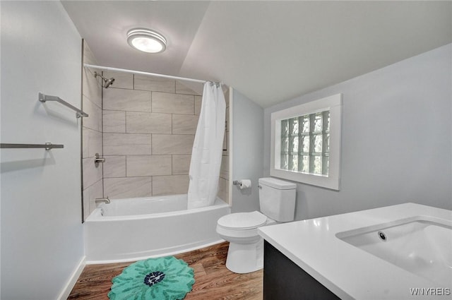 12 Clark St, Perry, NY 14530 - bathroom featuring wood finished floors, vanity, shower / bathtub combination with curtain, and vaulted ceiling