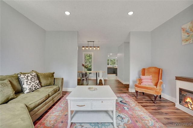 12 Clark St, Perry, NY 14530 - living area featuring wood finished floors, a glass covered fireplace, and recessed lighting