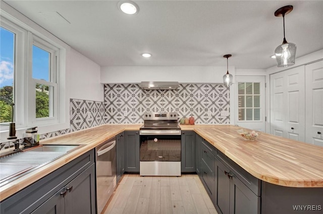 12 Clark St, Perry, NY 14530 - kitchen featuring wooden counters, appliances with stainless steel finishes, gray cabinets, and recessed lighting