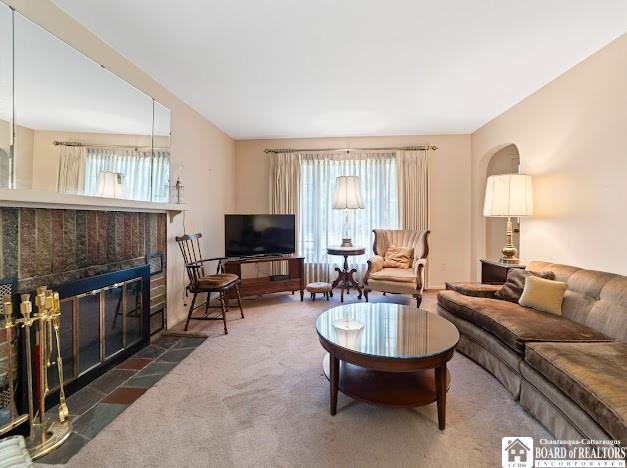 5005 W Main Rd, Pomfret, NY 14063 - living room with a tile fireplace, carpet flooring, and plenty of natural light