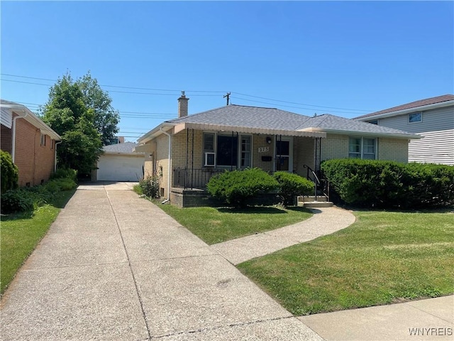 275 Nagel Dr, Cheektowaga, NY 14225 - view of front of property featuring brick siding, a front yard, a detached garage, a chimney, and a shingled roof