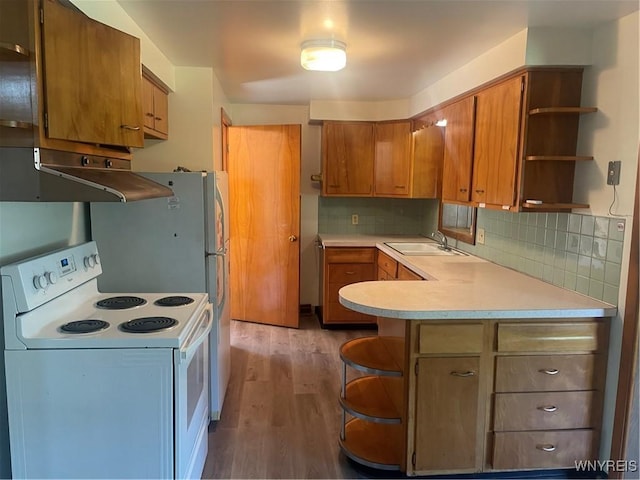 275 Nagel Dr, Cheektowaga, NY 14225 - kitchen featuring white electric range, range hood, open shelves, light wood-style floors, and a peninsula