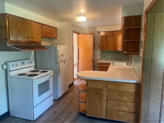 275 Nagel Dr, Cheektowaga, NY 14225 - kitchen featuring white electric range, under cabinet range hood, open shelves, dark wood finished floors, and light countertops