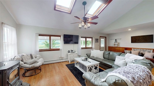 9447 County Route 75, Pulteney, NY 14418 - living room with vaulted ceiling, a baseboard radiator, wood finished floors, ceiling fan, and a skylight