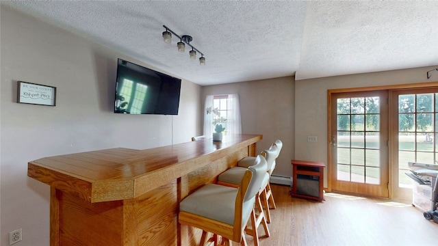 9447 County Route 75, Pulteney, NY 14418 - indoor dry bar featuring baseboard heating, light wood-style flooring, a textured ceiling, and rail lighting