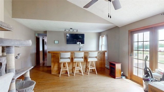 9447 County Route 75, Pulteney, NY 14418 - kitchen featuring light wood-style flooring, vaulted ceiling, track lighting, baseboard heating, and a ceiling fan