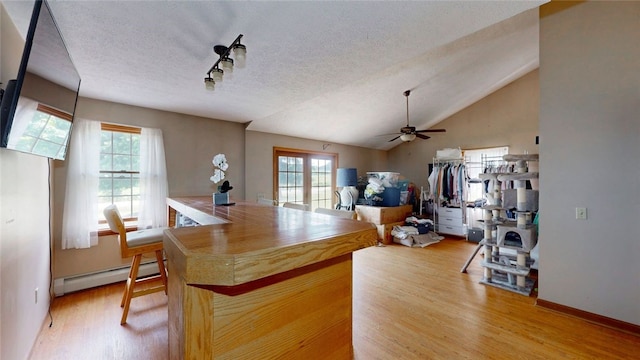 9447 County Route 75, Pulteney, NY 14418 - kitchen with a baseboard radiator, healthy amount of natural light, light wood-type flooring, a ceiling fan, and vaulted ceiling