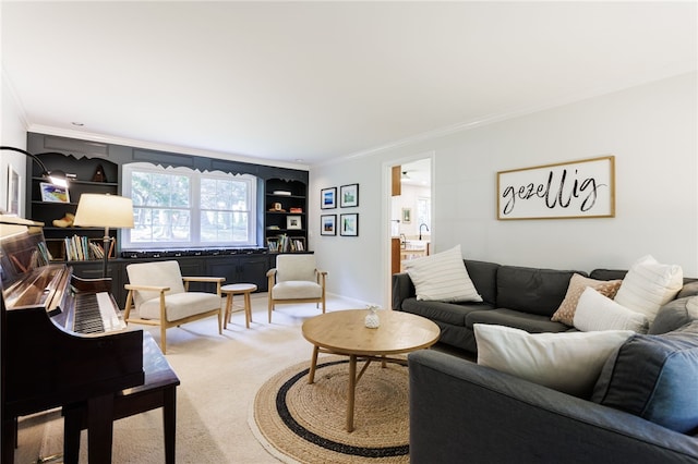 7 Chipping Rdg, Perinton, NY 14450 - carpeted living room with crown molding and built in features