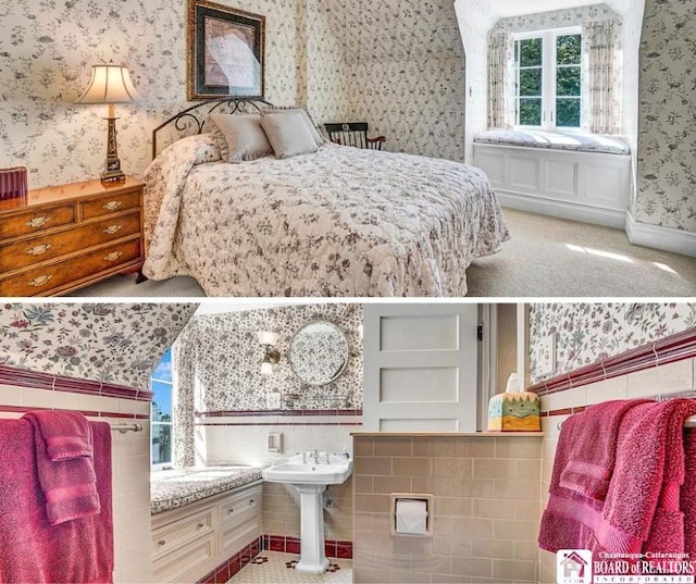 10 Elm Ln, Chautauqua, NY 14722 - carpeted bedroom with wallpapered walls, a wainscoted wall, and tile walls