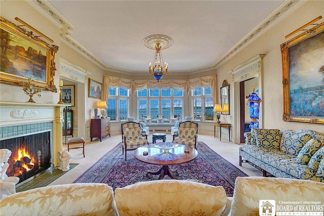 10 Elm Ln, Chautauqua, NY 14722 - carpeted living room featuring a chandelier, ornamental molding, and a tiled fireplace