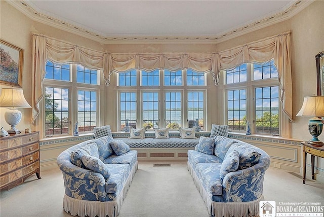 10 Elm Ln, Chautauqua, NY 14722 - living area featuring ornamental molding and carpet floors