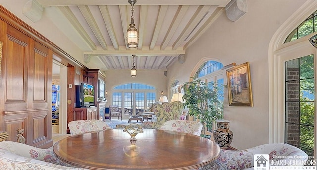 10 Elm Ln, Chautauqua, NY 14722 - dining area with beamed ceiling and healthy amount of natural light