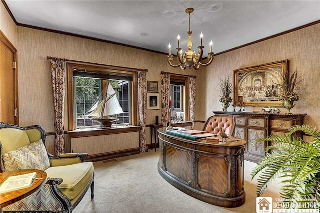 10 Elm Ln, Chautauqua, NY 14722 - home office with a chandelier, carpet floors, ornamental molding, and wallpapered walls