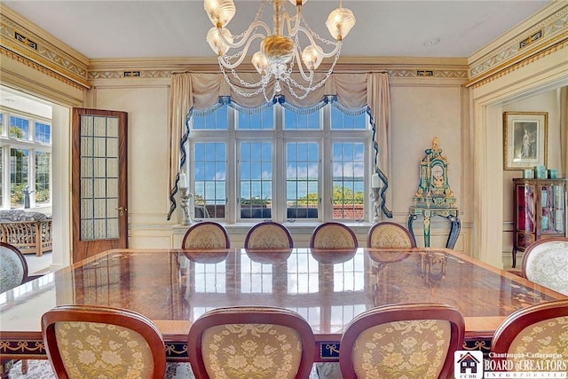10 Elm Ln, Chautauqua, NY 14722 - dining room with a chandelier and crown molding