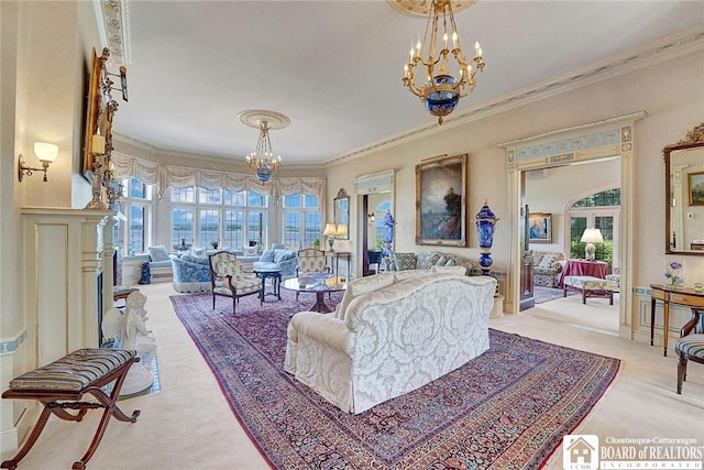 10 Elm Ln, Chautauqua, NY 14722 - carpeted living room with a chandelier and ornamental molding