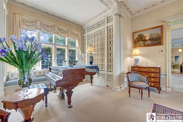 10 Elm Ln, Chautauqua, NY 14722 - living area with carpet, crown molding, and a high ceiling