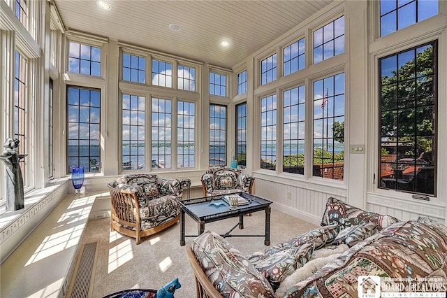 10 Elm Ln, Chautauqua, NY 14722 - sunroom featuring recessed lighting, wood ceiling, and carpet