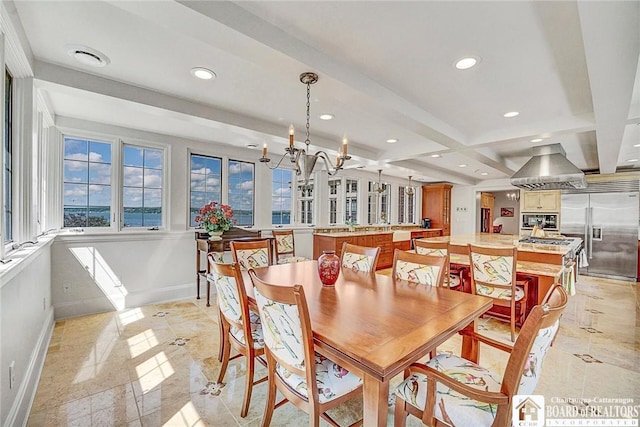 10 Elm Ln, Chautauqua, NY 14722 - dining room featuring recessed lighting, a chandelier, and beamed ceiling