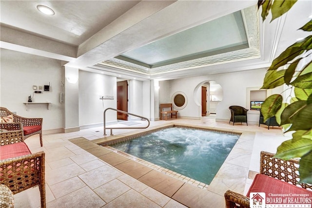 10 Elm Ln, Chautauqua, NY 14722 - view of pool featuring arched walkways and an indoor hot tub