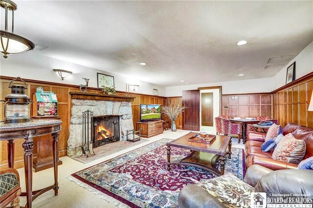 10 Elm Ln, Chautauqua, NY 14722 - living area with a stone fireplace and recessed lighting
