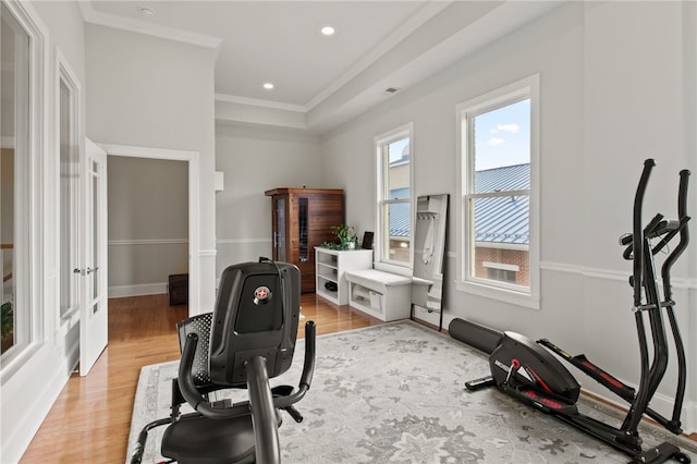 114-116 Main St Unit 114, Milo, NY 14527 - exercise room with crown molding, light wood finished floors, and recessed lighting