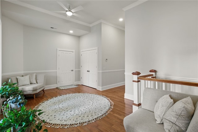 114-116 Main St Unit 114, Milo, NY 14527 - sitting room with ornamental molding, wood finished floors, a ceiling fan, and recessed lighting