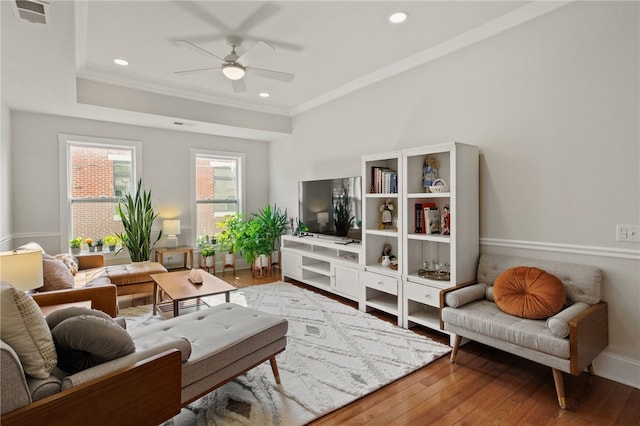 114-116 Main St Unit 114, Milo, NY 14527 - living room featuring a ceiling fan, hardwood / wood-style floors, crown molding, and recessed lighting