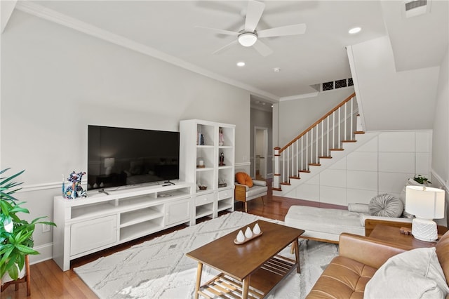 114-116 Main St Unit 114, Milo, NY 14527 - living area featuring a ceiling fan, ornamental molding, stairway, light wood-type flooring, and recessed lighting