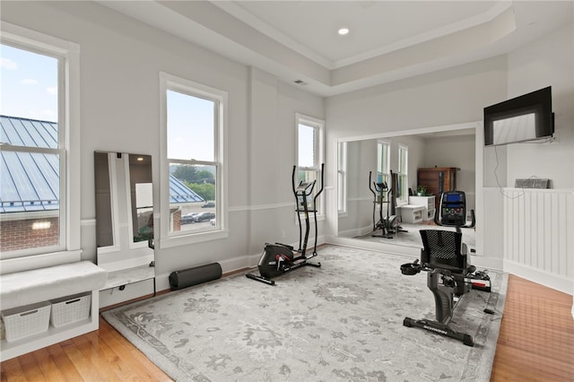 114-116 Main St Unit 114, Milo, NY 14527 - exercise room featuring ornamental molding, wood finished floors, and recessed lighting