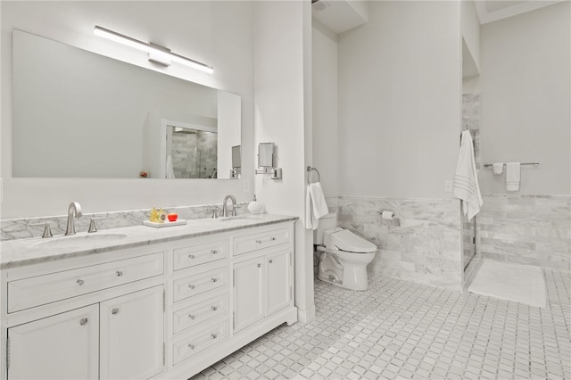 114-116 Main St Unit 114, Milo, NY 14527 - bathroom with double vanity, tiled shower, tile walls, and wainscoting