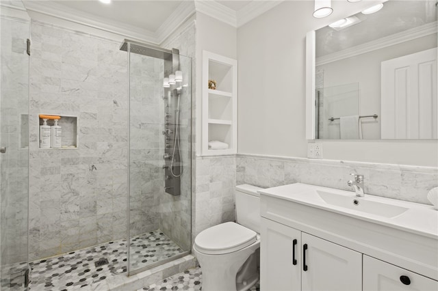 114-116 Main St Unit 114, Milo, NY 14527 - bathroom featuring vanity, a stall shower, crown molding, wainscoting, and tile walls