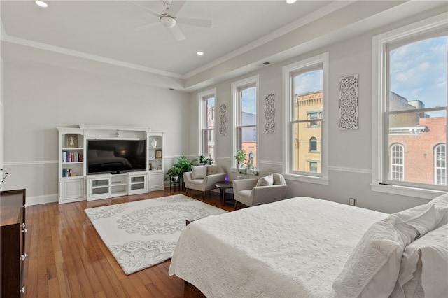114-116 Main St Unit 114, Milo, NY 14527 - bedroom with wood finished floors, recessed lighting, ornamental molding, a tray ceiling, and ceiling fan