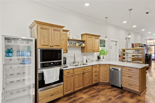114-116 Main St Unit 114, Milo, NY 14527 - kitchen featuring stainless steel appliances, a peninsula, backsplash, light countertops, and ornamental molding