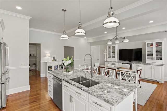 114-116 Main St Unit 114, Milo, NY 14527 - kitchen with stainless steel dishwasher, light wood-style floors, white cabinetry, recessed lighting, and crown molding