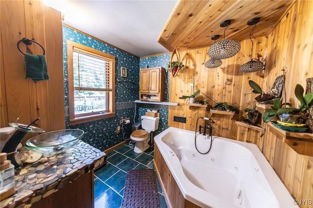 7940 Soft Maple Rd, New Bremen, NY 13327 - full bathroom featuring wallpapered walls, a tub with jets, and tile patterned floors