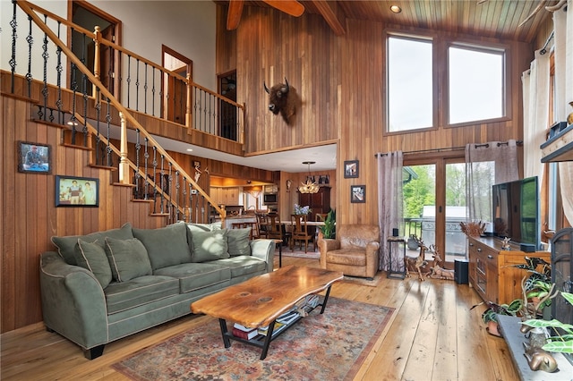 734 Post Rd, Franklin, NY 13775 - living room featuring wood walls, a high ceiling, stairway, hardwood / wood-style flooring, and wooden ceiling