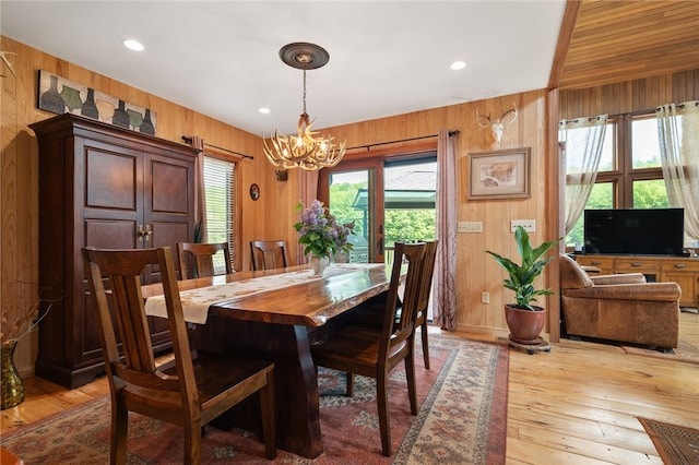 734 Post Rd, Franklin, NY 13775 - dining space with a chandelier, light wood-style floors, wood walls, and recessed lighting
